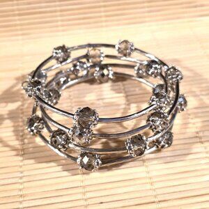 Silver Tone Crystal Wrap Bracelet With Gray Smoke Faceted Beads Filigree Details
